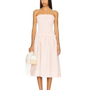 For Love & Lemons Peach Gingham Smocked Midi Dress Strapless NWT Size M